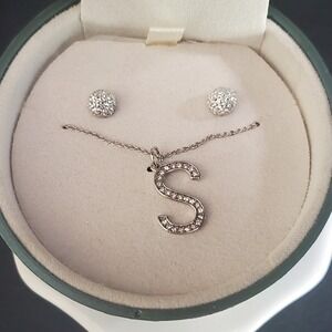 Brilliance Genuine Crystal Initial S Necklace & Earrings Christmas Ornament Ball